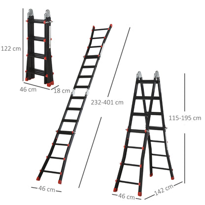 4M Aluminium Duo Ladder Telescopic Herringbone Changeable Multi-Purpose w/ Non-Slip Steps Climbing DIY Platform Portable Work