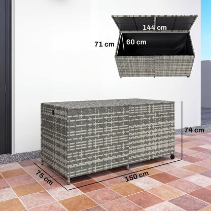 650L Garden Storage Box with 2 Wheels, Rattan Deck Box with Waterproof Zipped Liner, Safe Pneumatic Rods, Mixed Grey