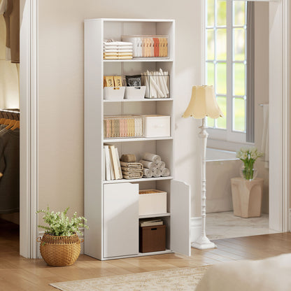 6-Tier Tall Bookcase, Bookshelf with 4 Open Shelves and Double Door Storage Cabinet