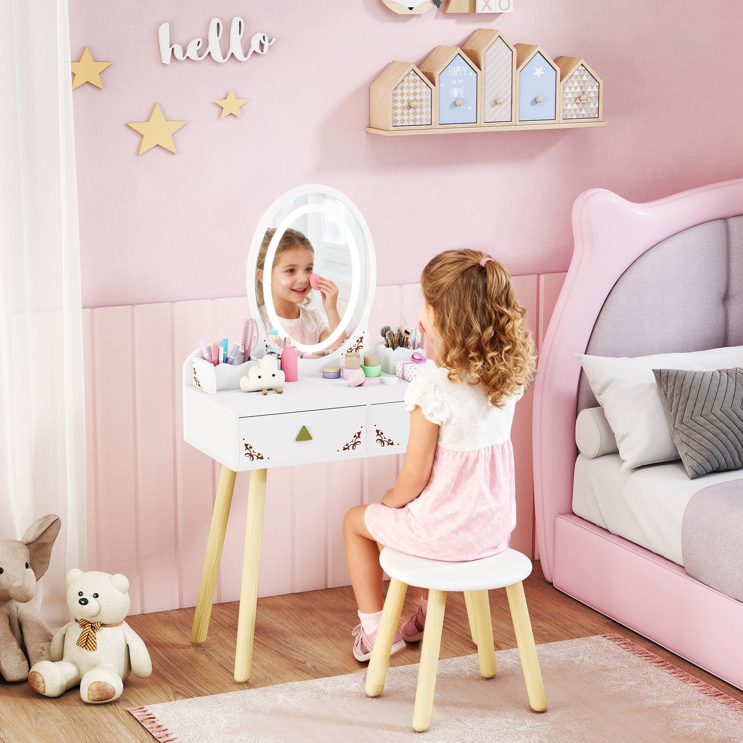 Kids Vanity Table and Chair Set with 3-Colour LED Lights Mirror, Drawer, Storage Boxes, for 3+ Years, White