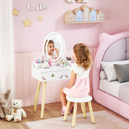 Kids Vanity Table and Chair Set with 3-Colour LED Lights Mirror, Drawer, Storage Boxes, for 3+ Years, White