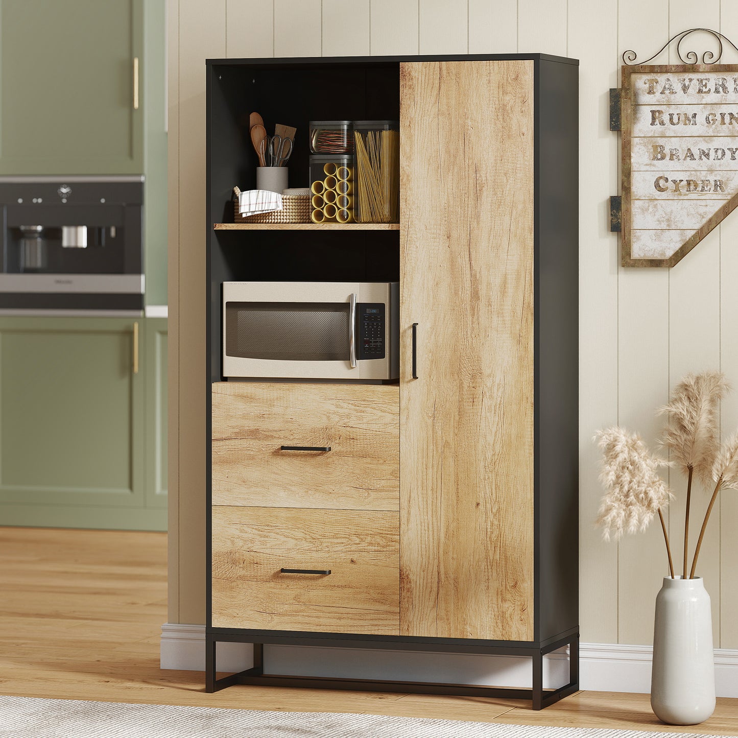 Tall Kitchen Cupboard, Freestanding Kitchen Pantry Cabinet with Adjustable Shelves, Drawers and Soft Close Door, 160cm