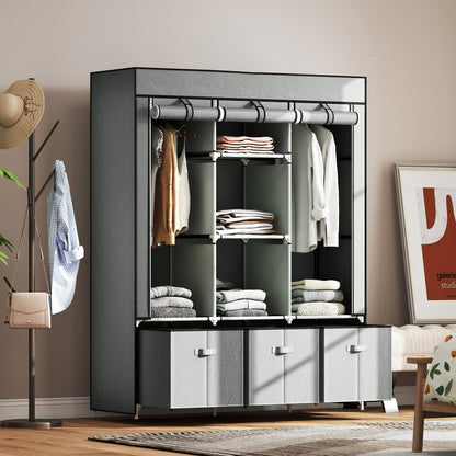 Foldable Fabric Wardrobe for Bedroom, Portable Wardrobe with 5 Shelves, 2 Hanging Rails and 3 Fabric Drawers, Light Grey