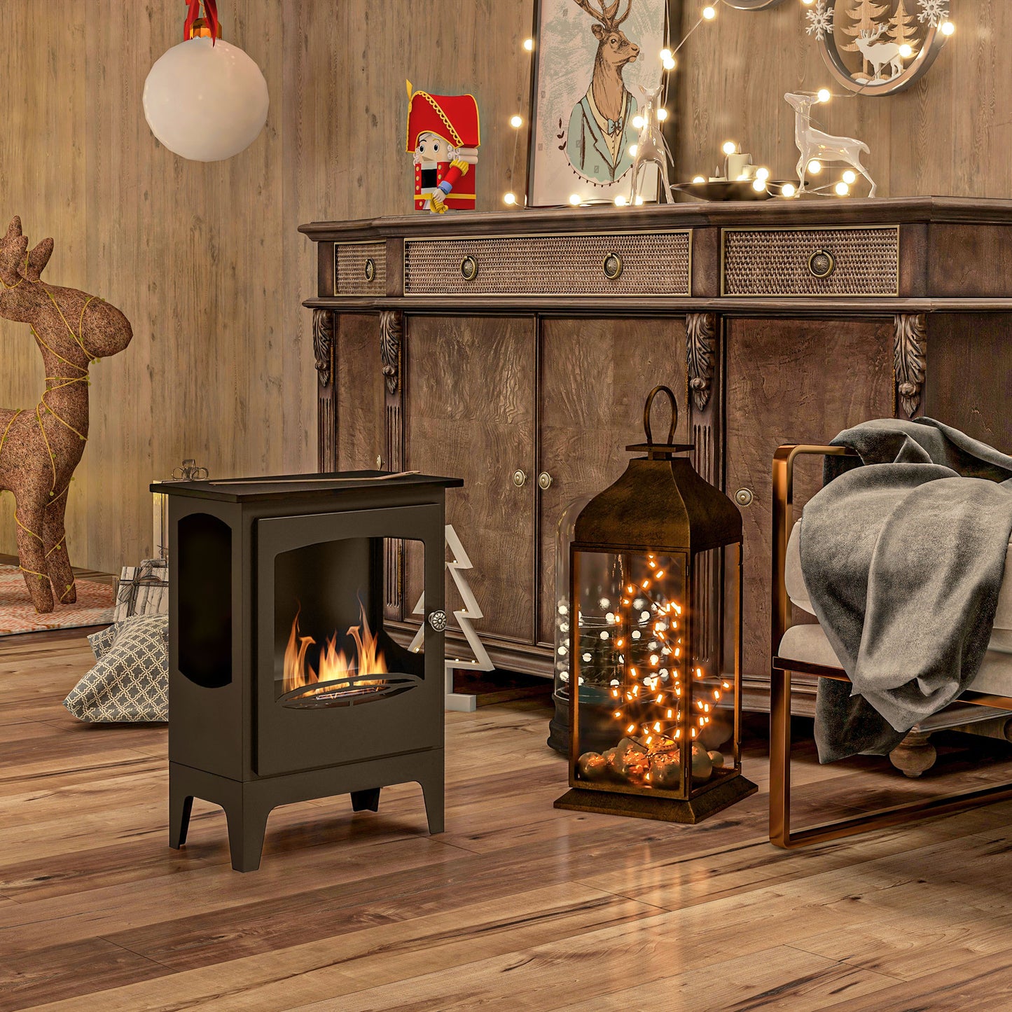 Freestanding Ethanol Fireplace, Steel Bioethanol Fireplace with Stainless Steel Flame Snuffer, 0.9L Tank