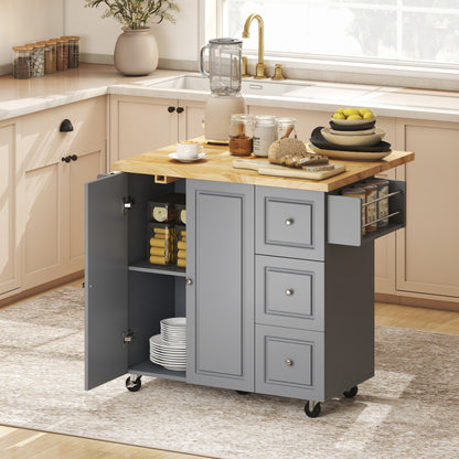 Kitchen Island on Wheels, Rolling Kitchen Storage Trolley with Drop Leaf, Drawers, Towel and Spice Rack, Grey