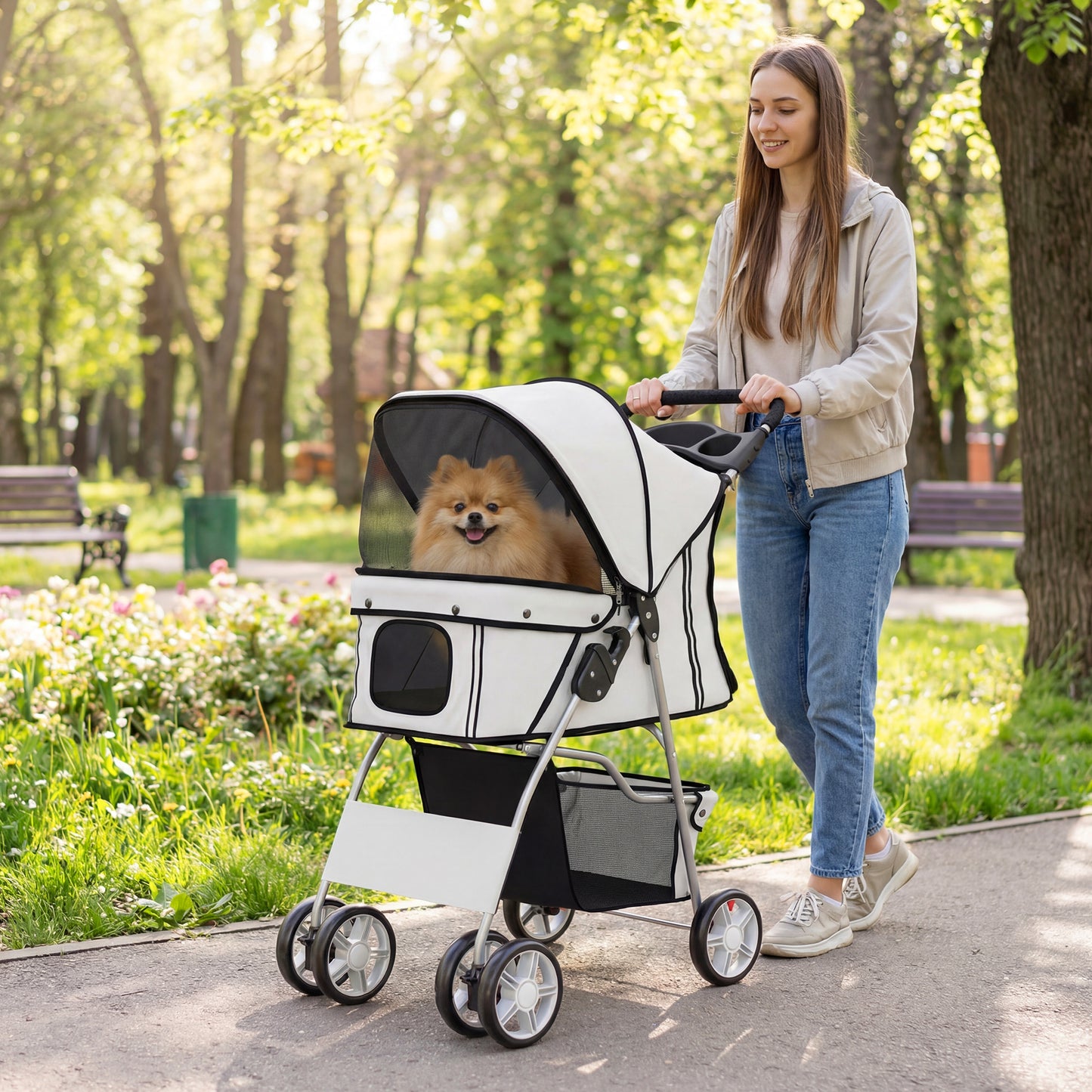 Dog Pram, Pet Stroller with Reflective Strips, Foldable Cat Stroller with 360° Swivel Wheels, Grey