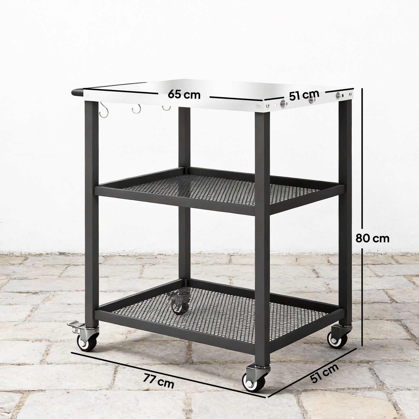 Outdoor Grill Cart with Stainless Steel Tabletop, 3-Tier Pizza Oven Stand with Adjustable Shelf, Hooks, Wheels, Black