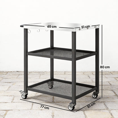 Outdoor Grill Cart with Stainless Steel Tabletop, 3-Tier Pizza Oven Stand with Adjustable Shelf, Hooks, Wheels, Black