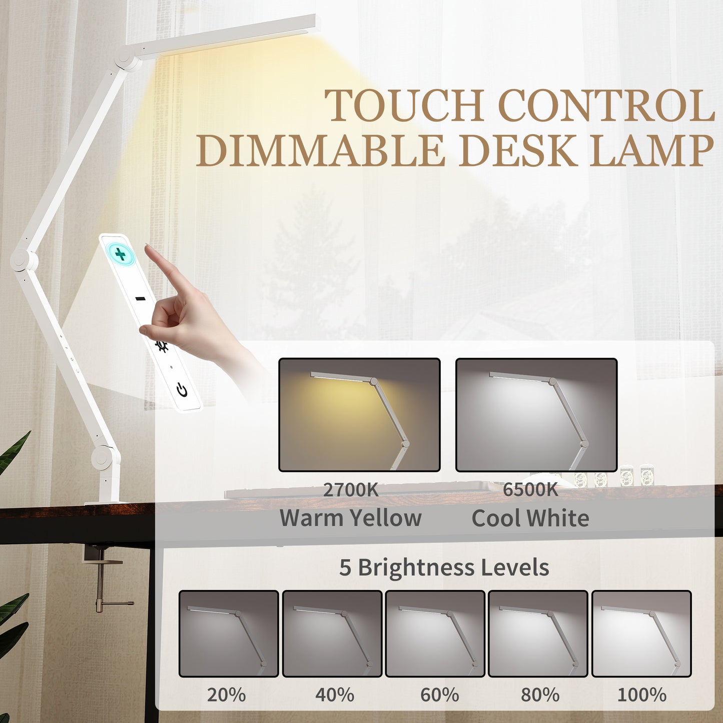 LED Desk Lamp, Dimmable Desk Light with Swing Arm and Clamp