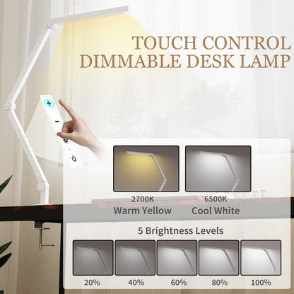LED Desk Lamp, Dimmable Desk Light with Swing Arm and Clamp