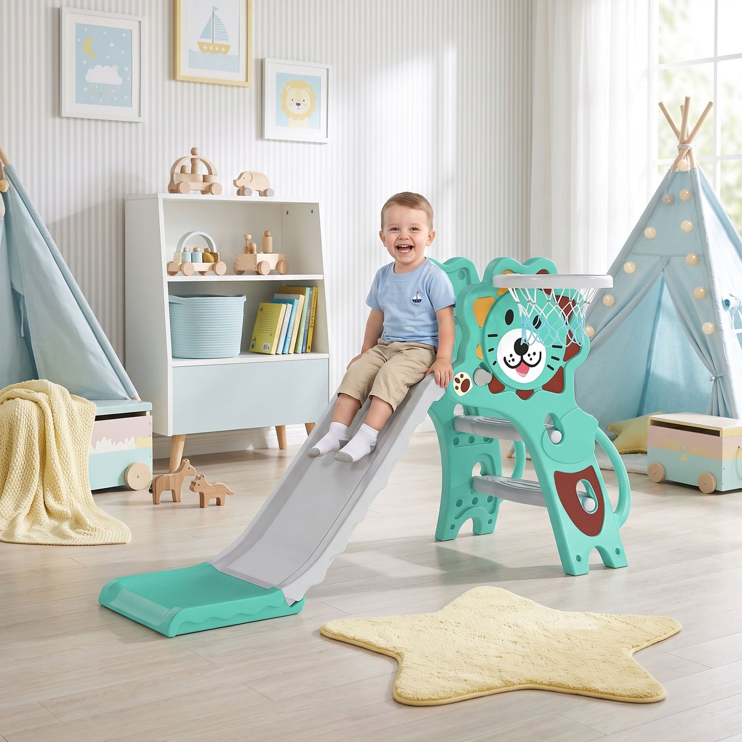 Baby Slide with Basketball Hoop, Climber, Easy to Assemble Kids Slide for Indoor Use, for Ages 18-36 Months - Blue