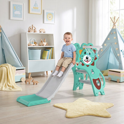 Baby Slide with Basketball Hoop, Climber, Easy to Assemble Kids Slide for Indoor Use, for Ages 18-36 Months - Blue