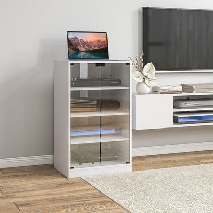 4-Tier Hi-Fi Stand, Record Player Stand with Adjustable Shelves and Push-to-Open Glass Doors, White Wood-Effect