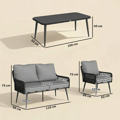 Rattan Garden Furniture Set, 4 Piece Outdoor Patio Furniture with Tempered Glass Table and Chairs