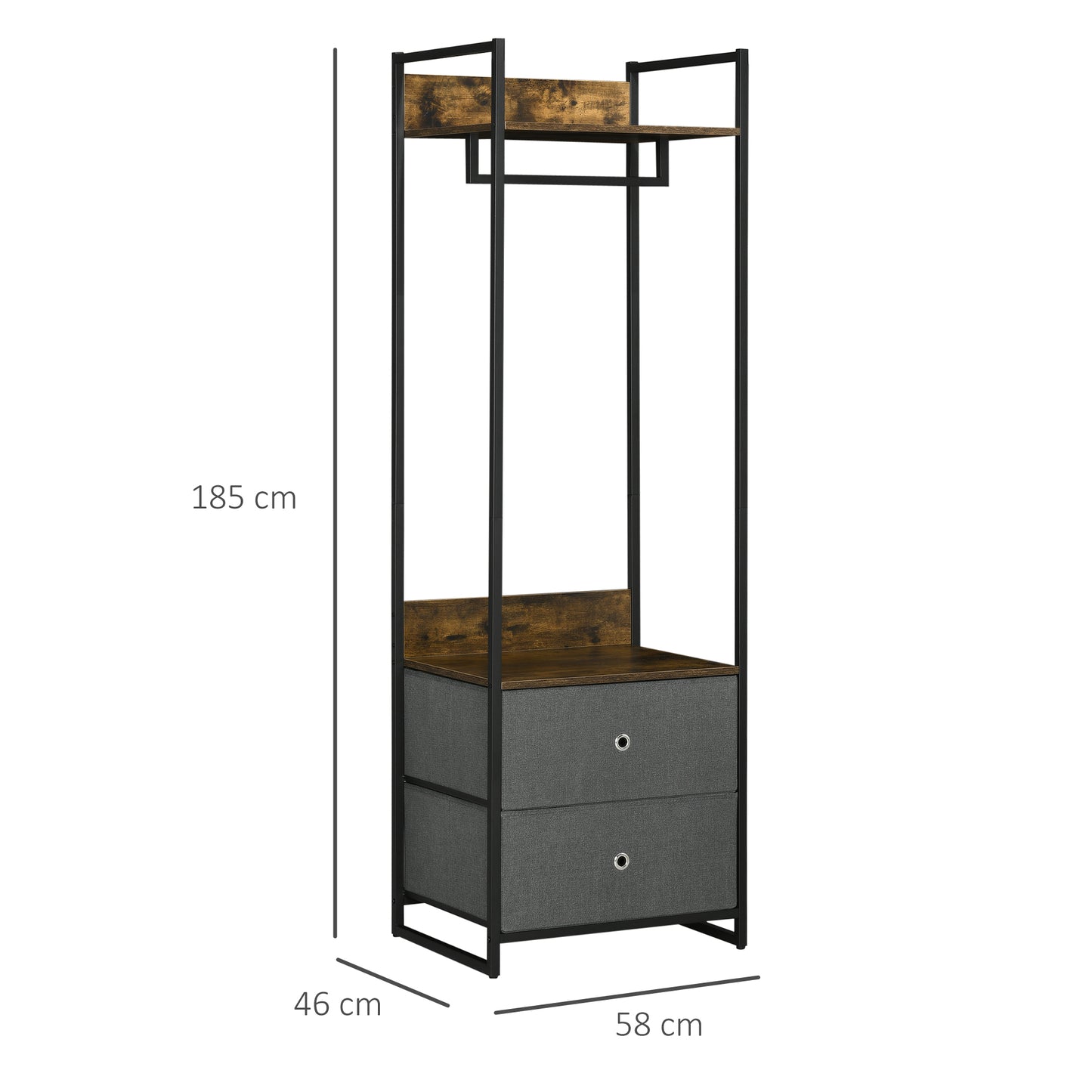 Clothes Rail, Metal Coat Stand, Garment Rack with 2 Fabric Storage Drawers, Single Wardrobe for Bedroom, Hallway