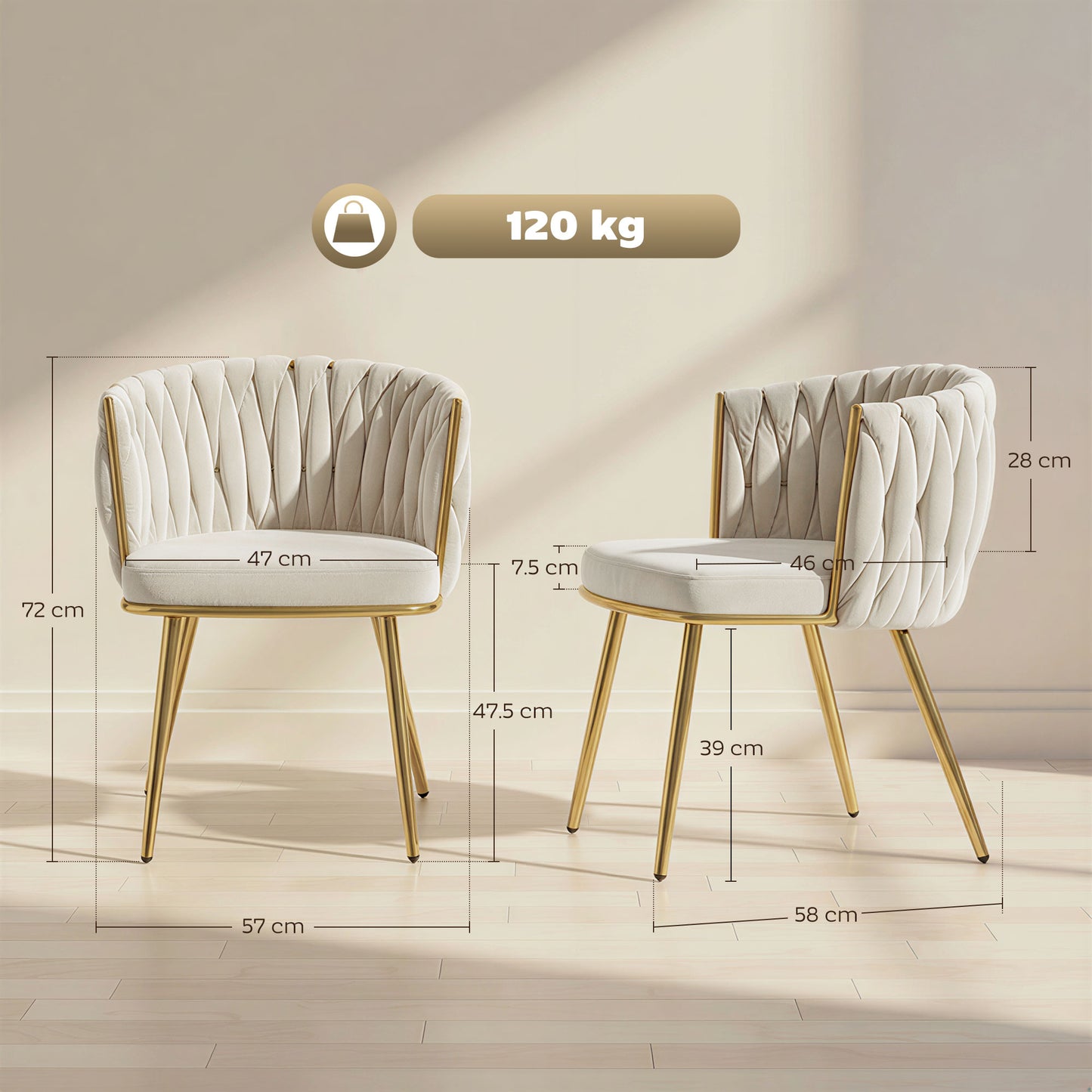 Velvet-Feel Dining Chairs Set of 2, Modern Upholstered Armchair with Knot Design and Golden Metal Legs