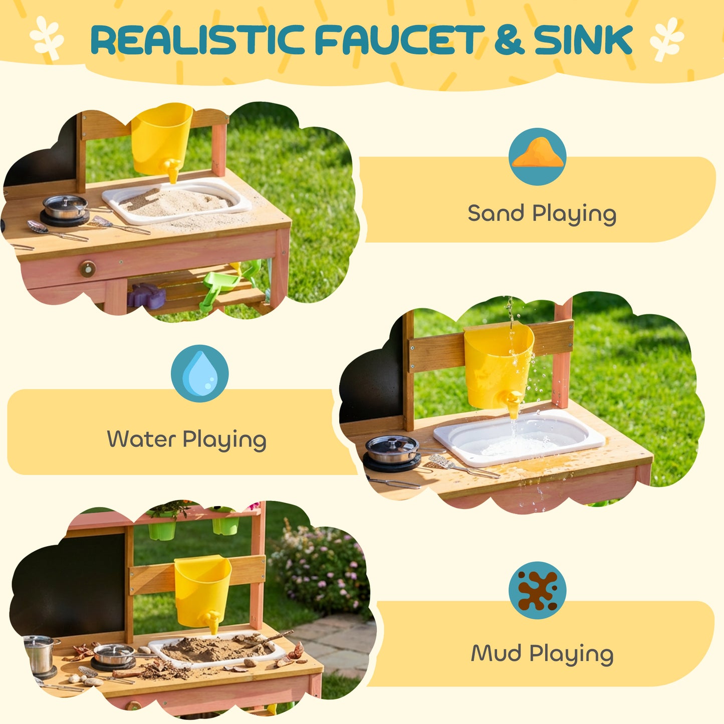 Kids Mud Kitchen with Canopy, Outdoor Wooden Play Kitchen with Planter Box, Accessories for Age 3-6, Pink