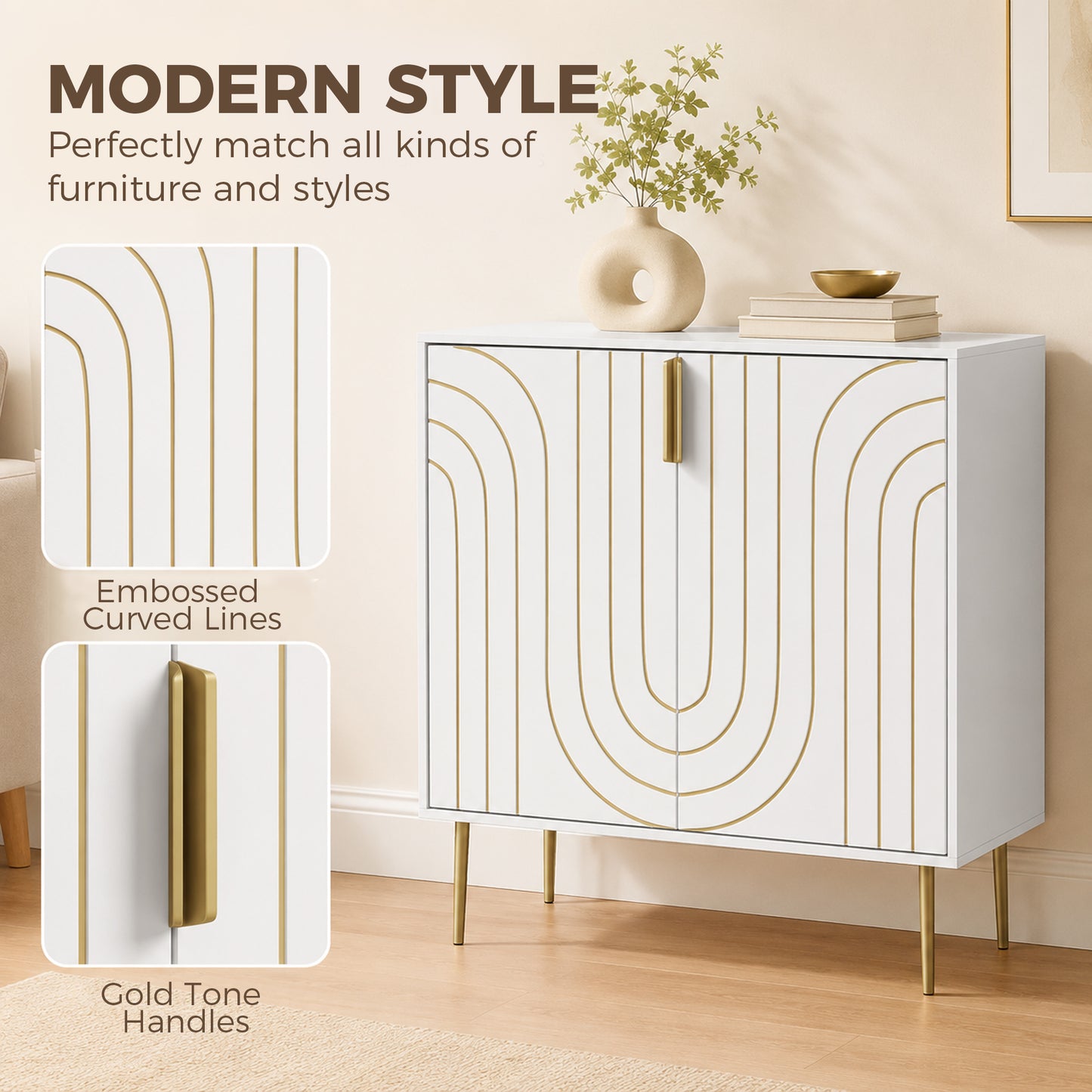 Modern Kitchen Cupboard, Storage Cabinet with 2 Doors, Adjustable Shelf and Metal Legs, White