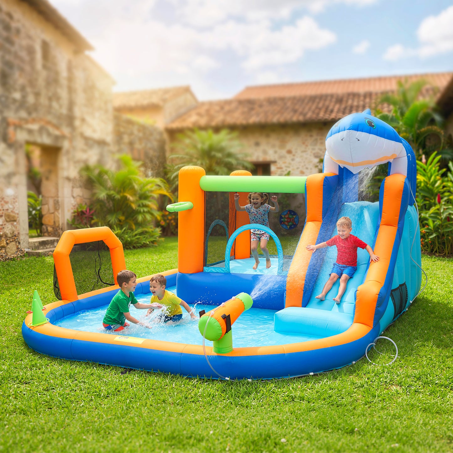 Inflatable Bouncy Castle for Kids, Sharks Theme Jumping Bounce House with Slide, Climbing Wall for Indoor Outdoor