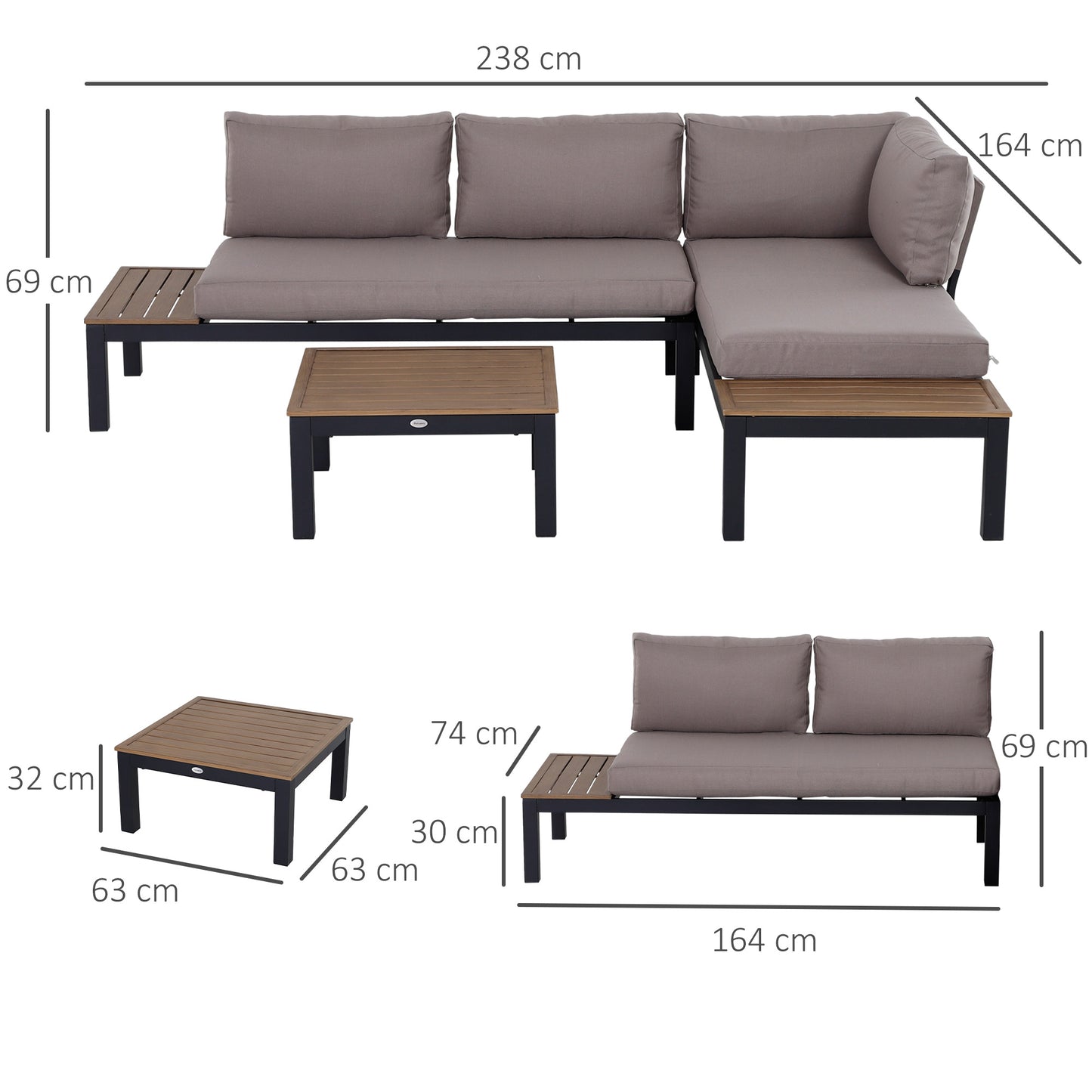 3 Pieces Garden Furniture Set, Aluminium 4 Seater Corner Sofa Set with 2 Loveseats, Black