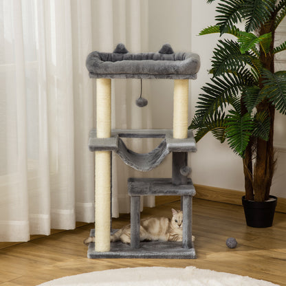 Cat Tree, 90cm Cat Tower with Sisal Scratching Posts, Cat Condo, Hammock, Top Perch and 2 Hanging Toys for Cats, Grey