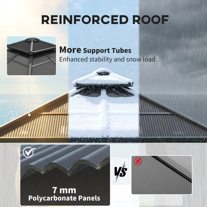 2.5 x 2.5 m Hardtop Gazebo Canopy with 7mm PC Roof, Garden Gazebo Permanent Pavilion with Netting, Curtains, Dark Grey