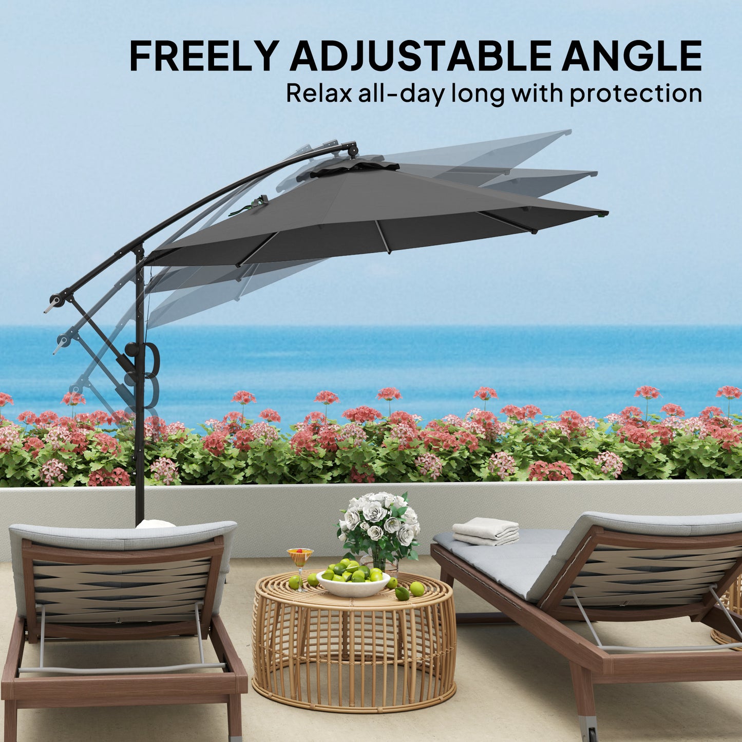 3(m) Garden Cantilever Parasol with Cover and Wind Protection Strap, Round Overhanging Umbrella with Crank Handle and Tilt