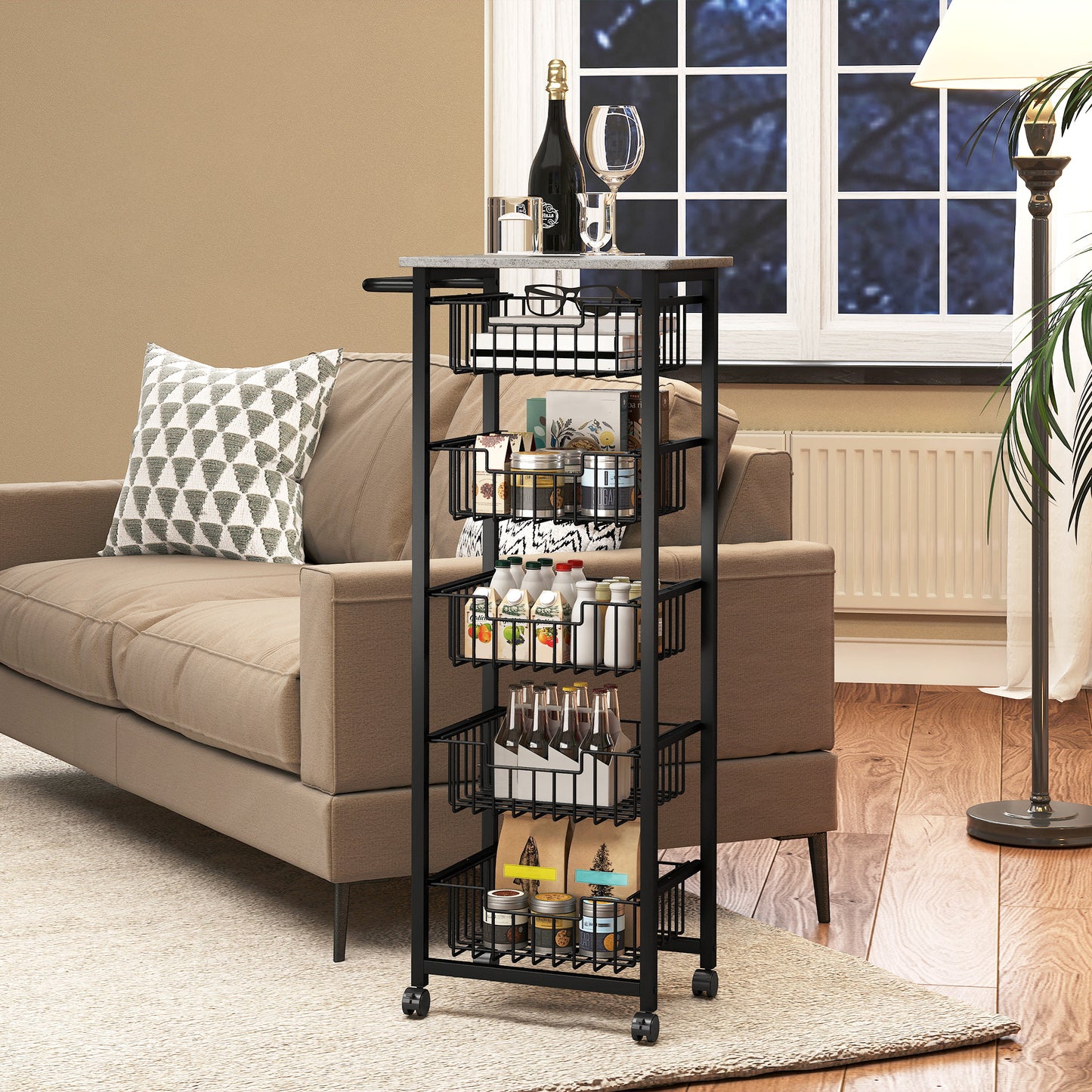 Five Basket Mobile Kitchen Island, with Brakes - Grey/Black