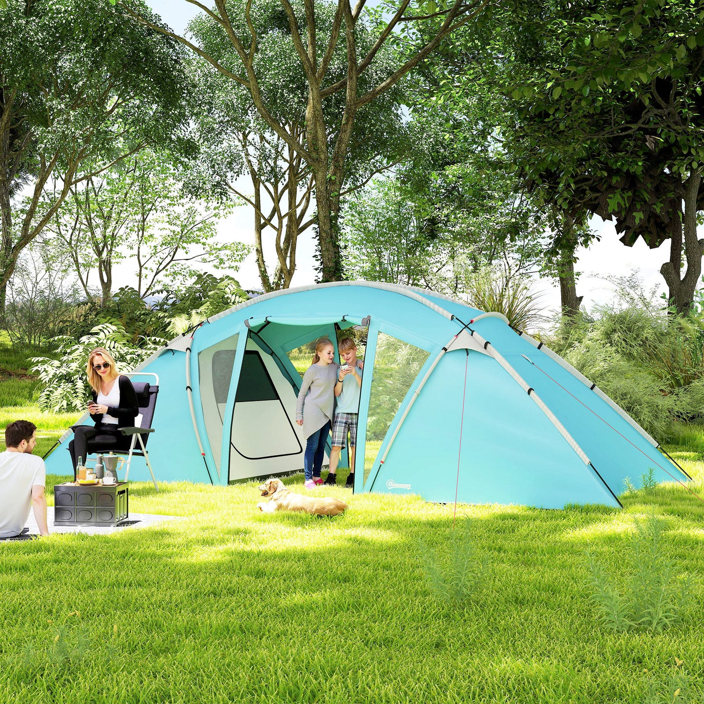 4-6 Man Family Camping Tent w/ 2 Bedrooms and a Living Room, Waterproof Tunnel Tent w/ Sewn In Groundsheet, Doors, Windows