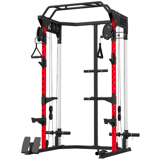 Power Cage, Power Rack with Adjustable Cable Pulley System, Pull-Up Bar, Dip Station, Landmine
