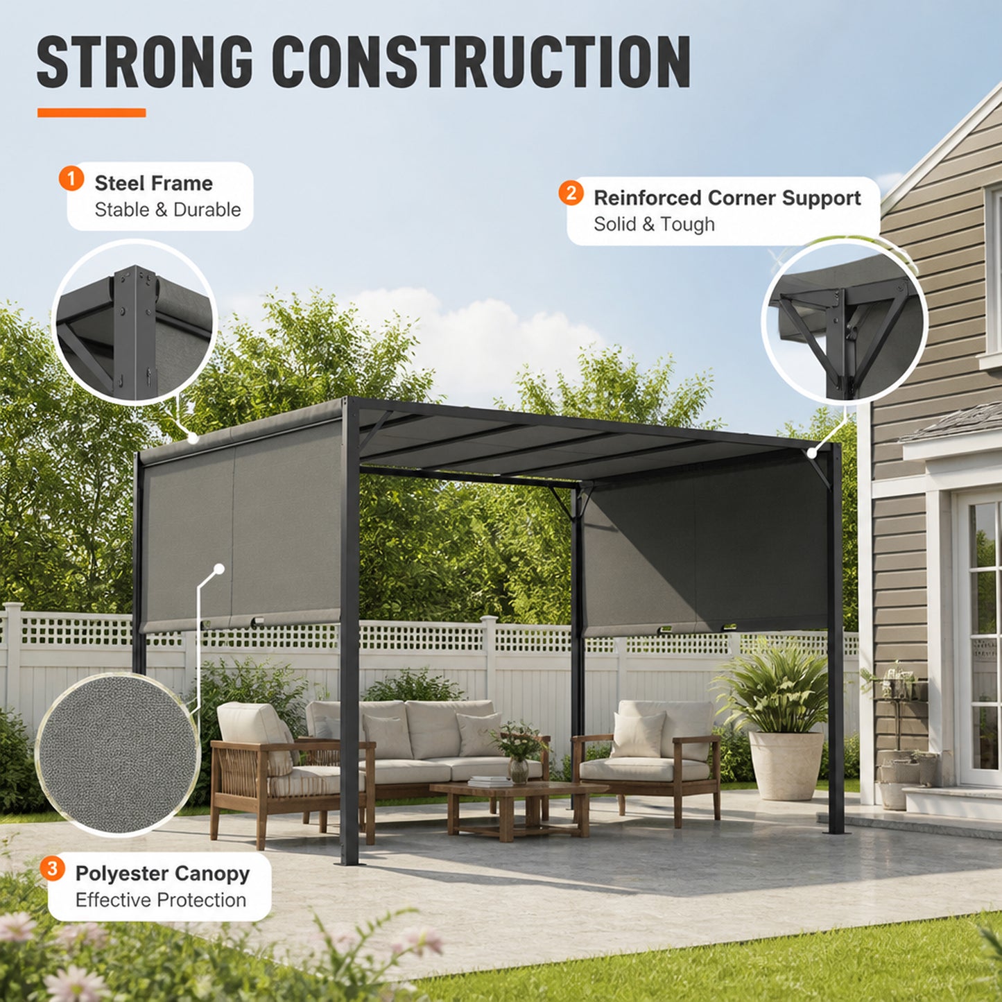 3 X 3 Meters Pergola with Sliding Roof, Garden Gazebo with Adjustable Sun Shade Canopy and Steel Frame, Charcoal Grey