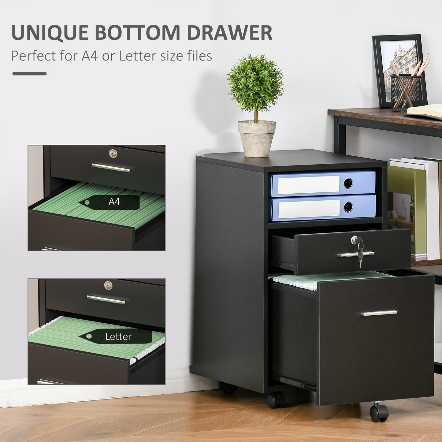 Lockable Two-Drawer Filing Cabinet, with Wheels - Black