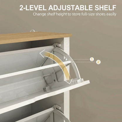 Slim Shoe Cabinet, Narrow Shoe Cupboard with 2 Flip Drawers, Adjustable Shelves for 12 Pairs of Shoes, High Gloss White