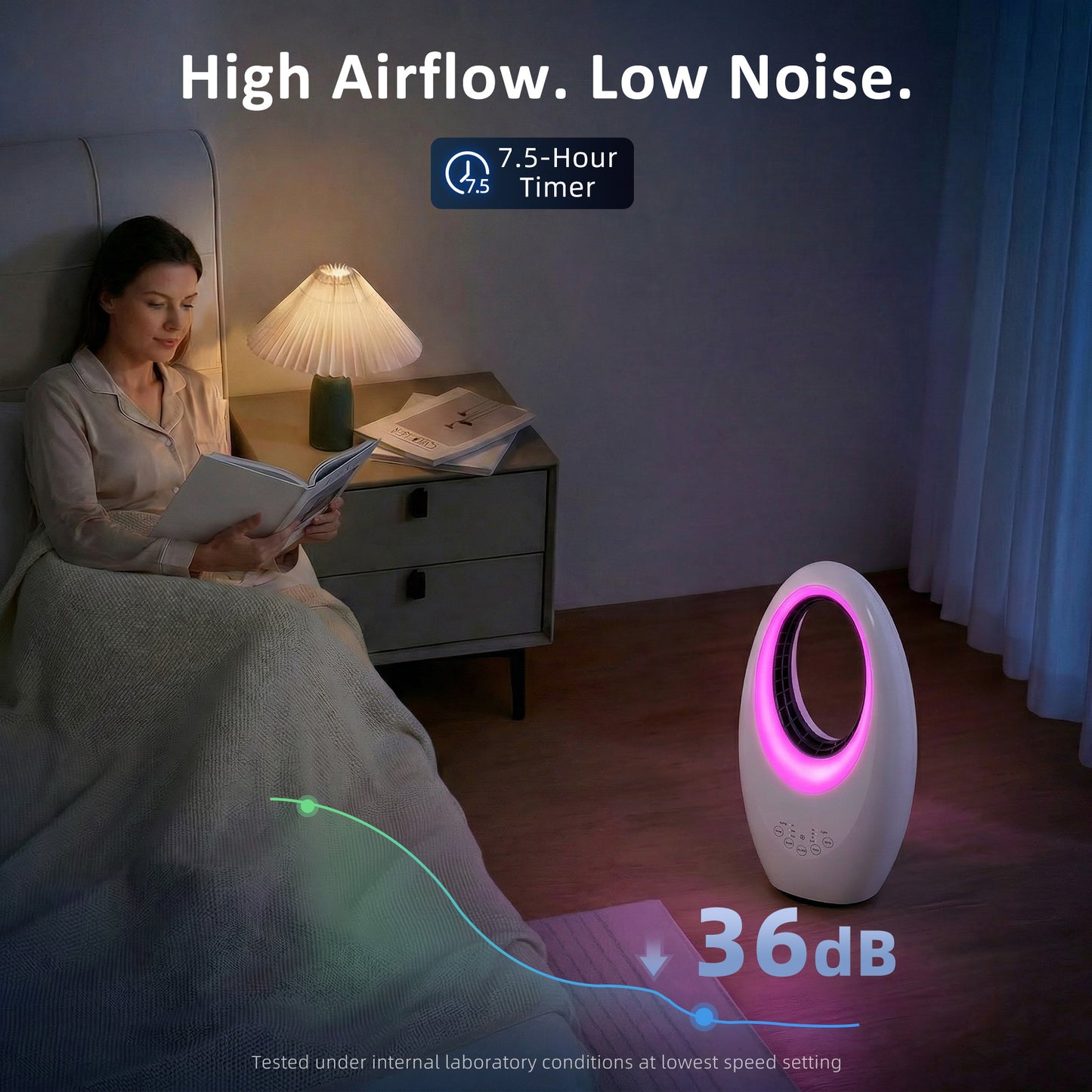 Bladeless Tower Fan, 36dB Standing Cooling Fan with 60° Oscillating, LED Lights, 3 Speeds, 7.5H Timer, Remote Control