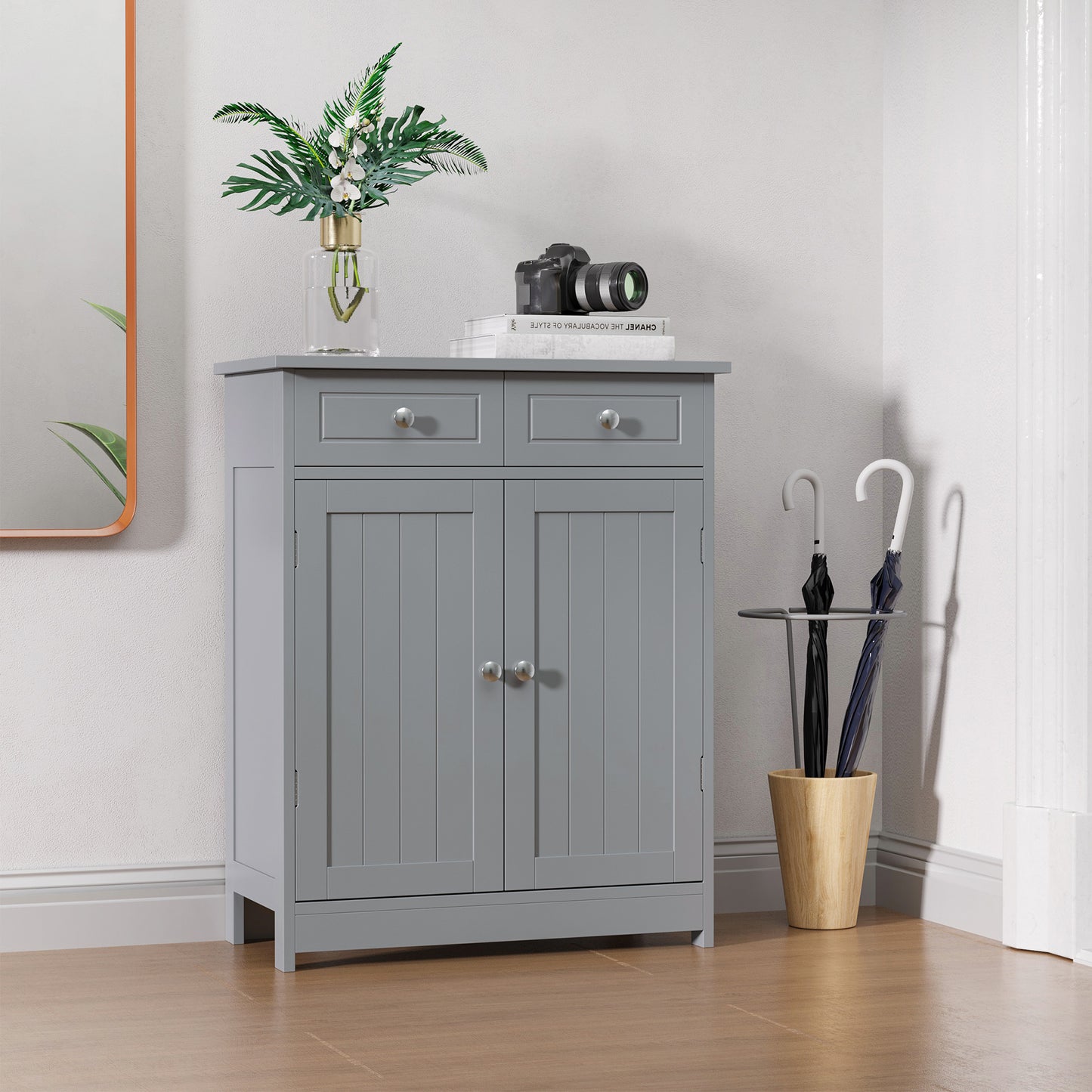 75x60cm Freestanding Bathroom Storage Cabinet Unit w/ 2 Drawers Cupboard Adjustable Shelf Metal Handles Traditional Style Gre