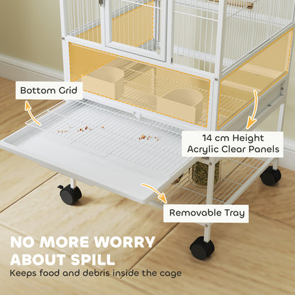 Bird Cage with Rolling Stand, Acrylic Viewing Panels, Storage Shelf, for Budgie, Parakeet, 48 x 46 x 83 cm
