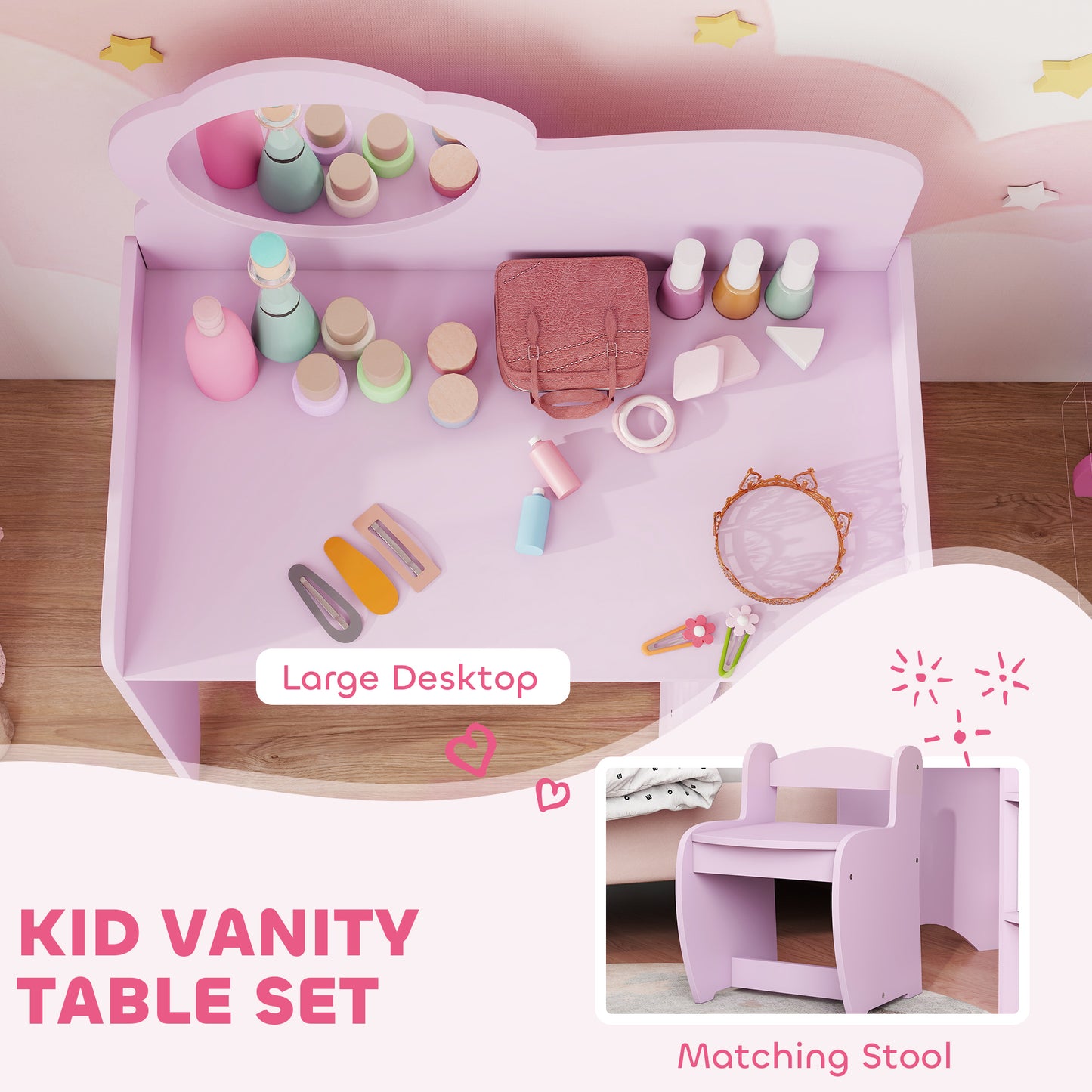 Kids Dressing Table with Mirror, Stool, Kids Vanity Table with Shelves, for Ages 3-8 Years, Purple