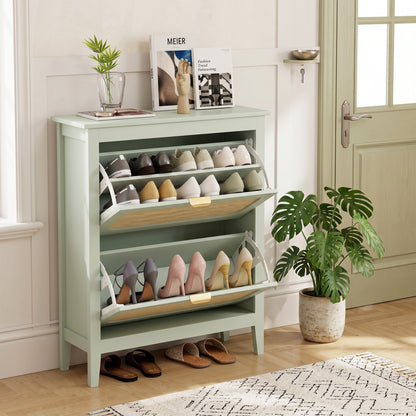 Narrow Shoe Cabinet, Boho Slim Shoe Storage Cabinet with 2 Flip Drawers, Holds 14 Pairs, Light Green