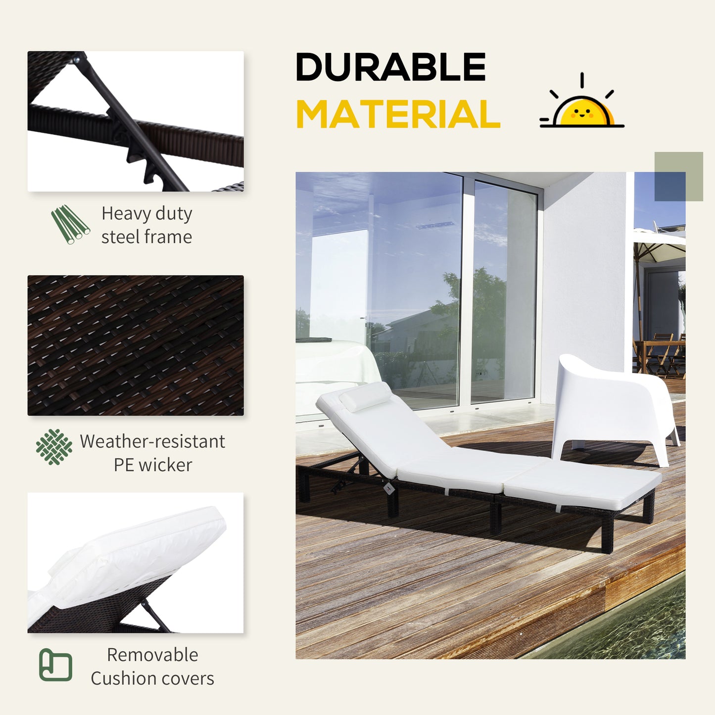 Rattan Sun Lounger, 5-Level Adjustable Garden Lounger Recliner with Cushion and Headrest, Outdoor Reclining Sunbed