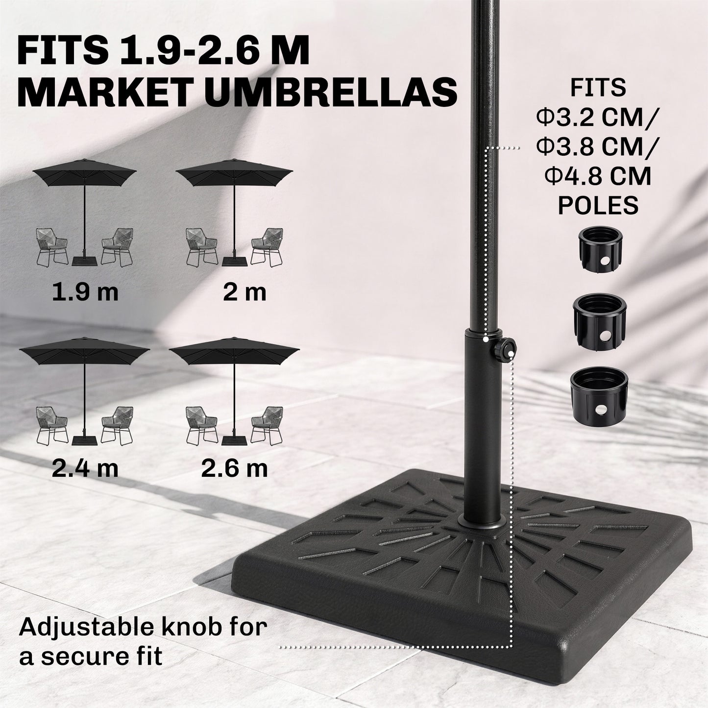 19kg Resin Garden Parasol Base Holder, Square Outdoor Market Umbrella Stand Weight for Poles of Φ32mm, Φ38mm, and Φ48mm