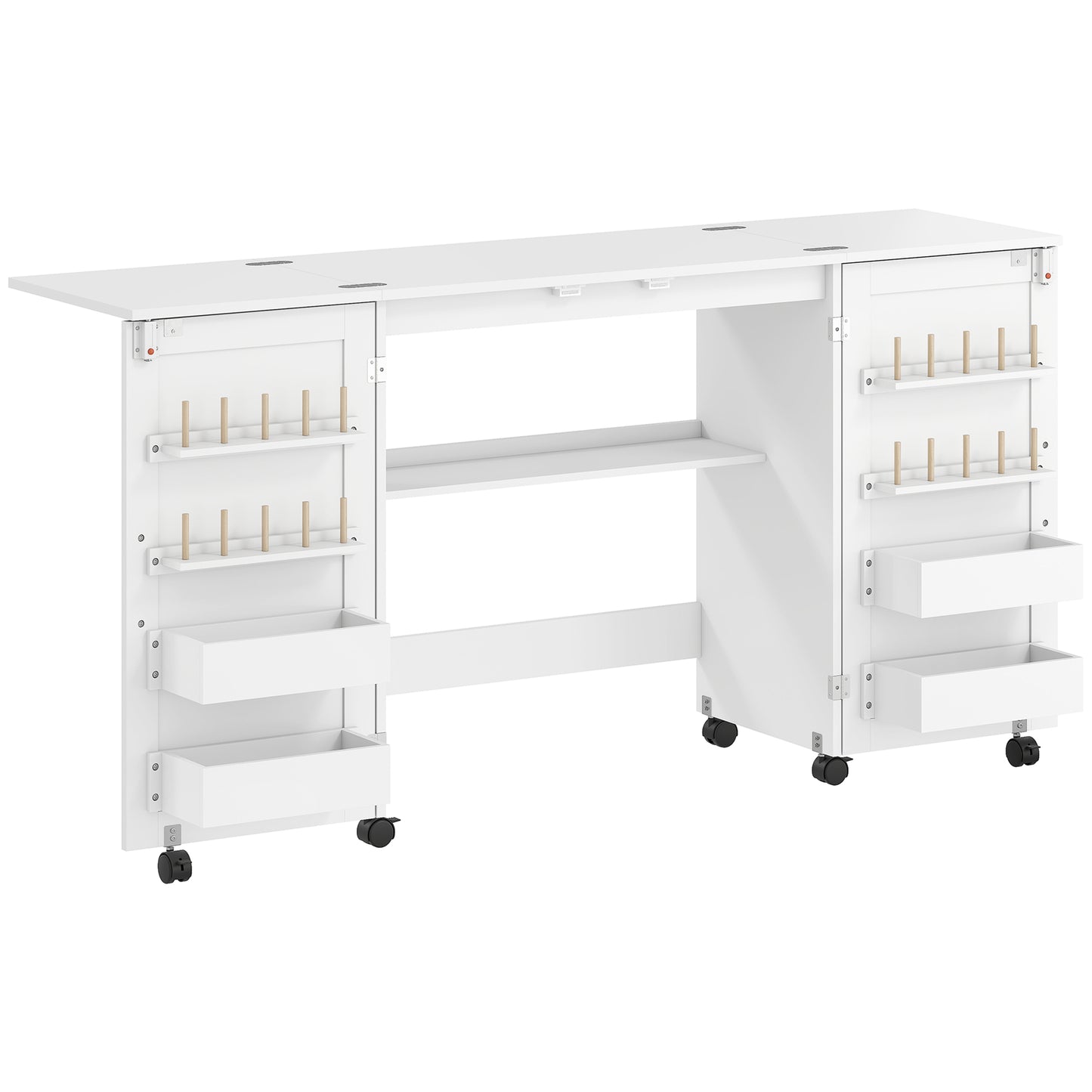 Folding Sewing Table with 2 Magnetic Doors, Storage Shelf, Lockable Wheels, Space Saving, White