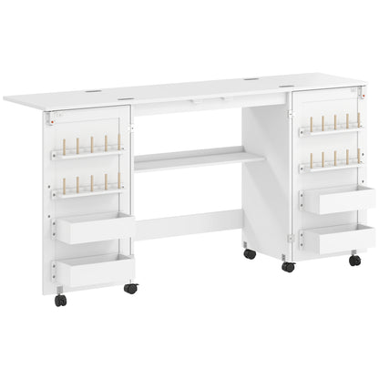 Folding Sewing Table with 2 Magnetic Doors, Storage Shelf, Lockable Wheels, Space Saving, White