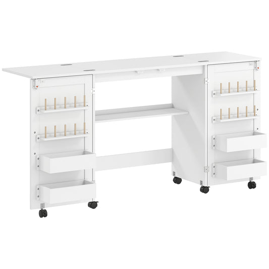 Folding Sewing Table with 2 Magnetic Doors, Storage Shelf, Lockable Wheels, Space Saving, White