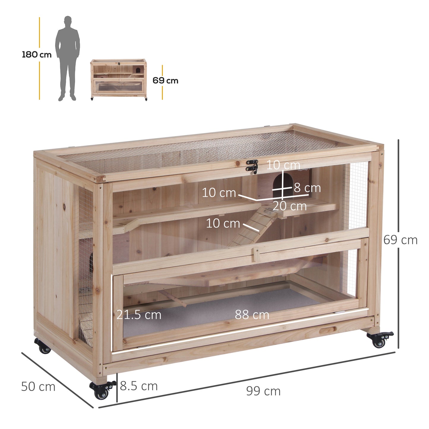 Wooden Hamster Cage, Mice Rodent Small Animals Kit Hutch, 3 Tiers Exercise Play House, with Wheels, Bottom Tray