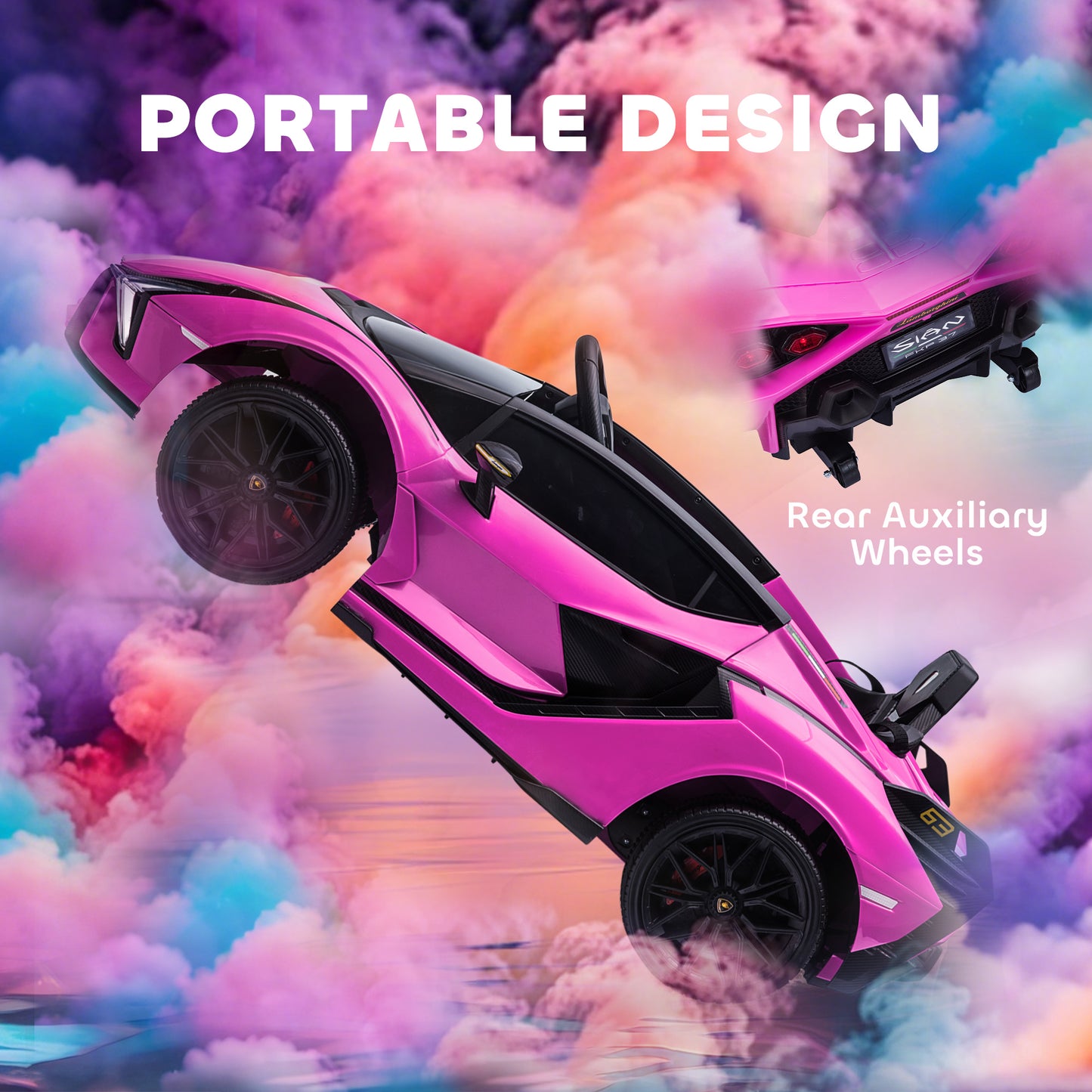 Lamborghini Sian Licensed Electric Car for Kids, 12V Kids Electric Ride on Car with Dual Motors, Remote Control, Pink