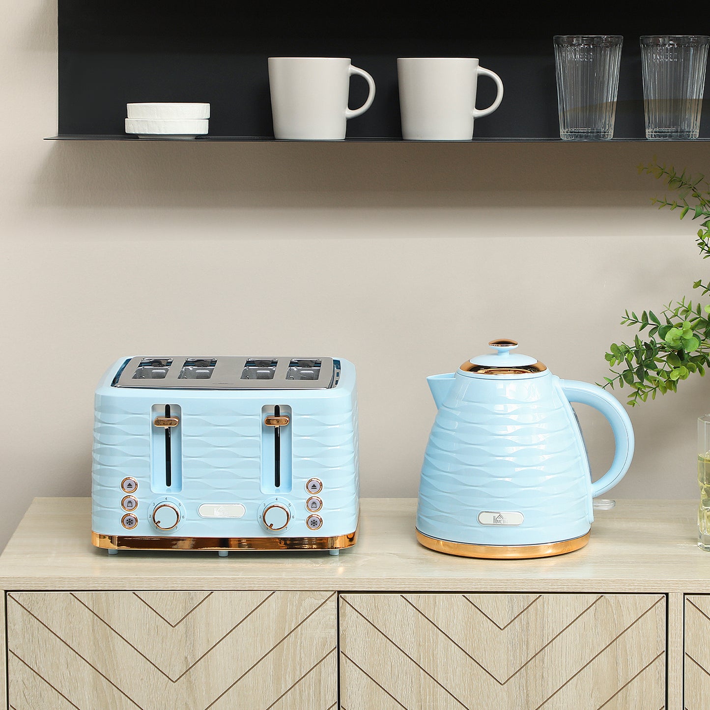 3000W 1.7L Kettle & 4 Slice Toaster, Kettle and Toaster Set with 7 Browning Controls and Crumb Tray, Light Blue