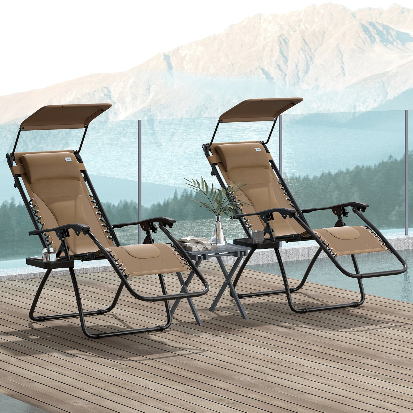 Zero Gravity Lounger Chair Set of 2, Folding Reclining Patio Chair with Shade Cover, Cup Holder