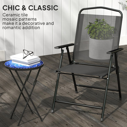 Mosaic Outdoor Garden Table, 35.5cm Round Folding Coffee Table with Metal Frame for Balcony Terrace, Navy Blue