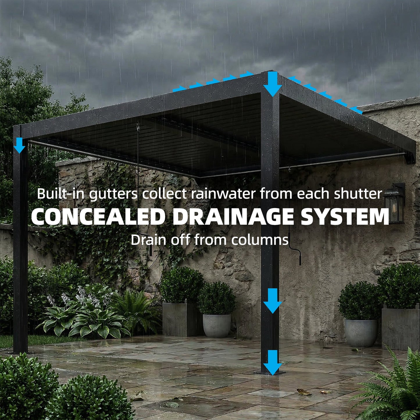 3 x 3 m Louvered Pergola with LED Lights, Metal Louvres, Wall Mounted Aluminium Patio Gazebo Pergola, Dark Grey