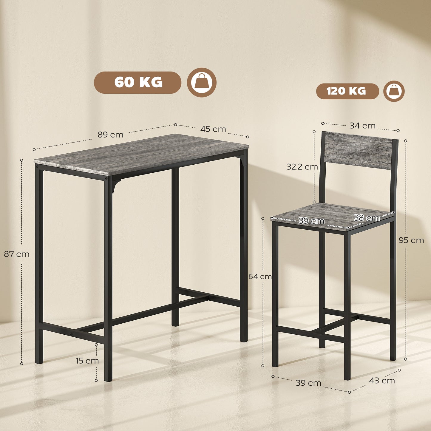 3-Piece Bar Table Set with 2 Stools, Industrial Breakfast Bar Set with Footrest, Backrest for Dining Room, Small Space
